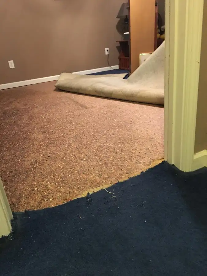 Carpet pad removal revealing water damage during Drying & Dehumidification in Laketown